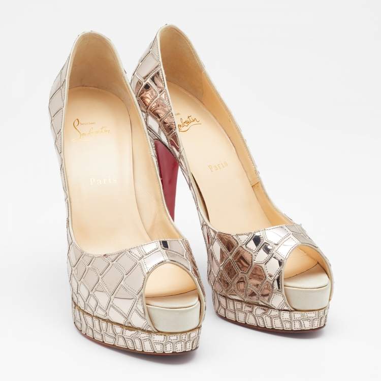 Pre Owned Christian Louboutin Anniversary Edition Metallic Gold Mosaic and Satin Sobek Peep Toe Pumps Size 41