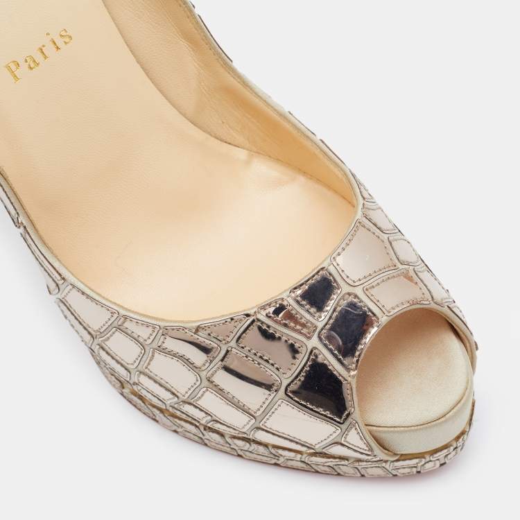 Pre Owned Christian Louboutin Anniversary Edition Metallic Gold Mosaic and Satin Sobek Peep Toe Pumps Size 41