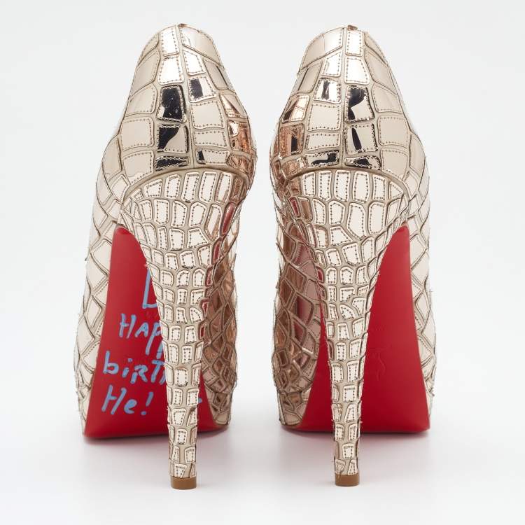 Pre Owned Christian Louboutin Anniversary Edition Metallic Gold Mosaic and Satin Sobek Peep Toe Pumps Size 41