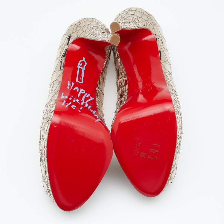 Pre Owned Christian Louboutin Anniversary Edition Metallic Gold Mosaic and Satin Sobek Peep Toe Pumps Size 41