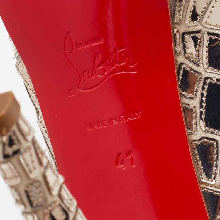 Pre Owned Christian Louboutin Anniversary Edition Metallic Gold Mosaic and Satin Sobek Peep Toe Pumps Size 41