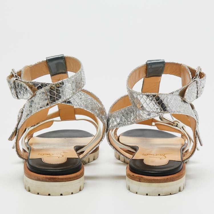 Pre Owned Christian Louboutin Tricolor Leather and Python Embossed Studded Rock N Buckle Flat Sandals Side 36