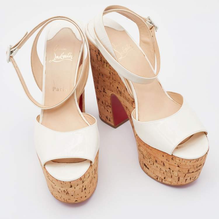 Pre Owned Christian Louboutin White Patent Leather Cork Wedge Super Dombasle Sandals Size 41