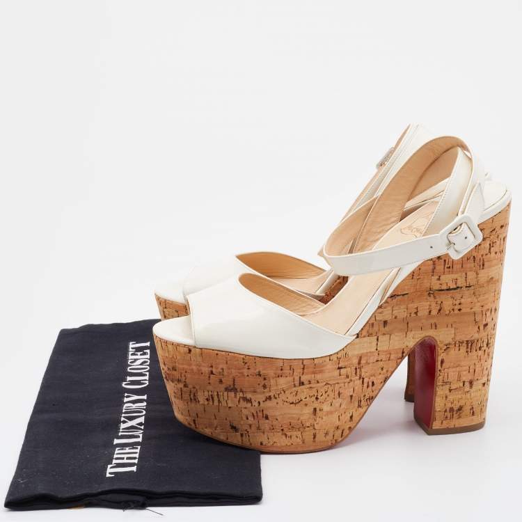 Pre Owned Christian Louboutin White Patent Leather Cork Wedge Super Dombasle Sandals Size 41