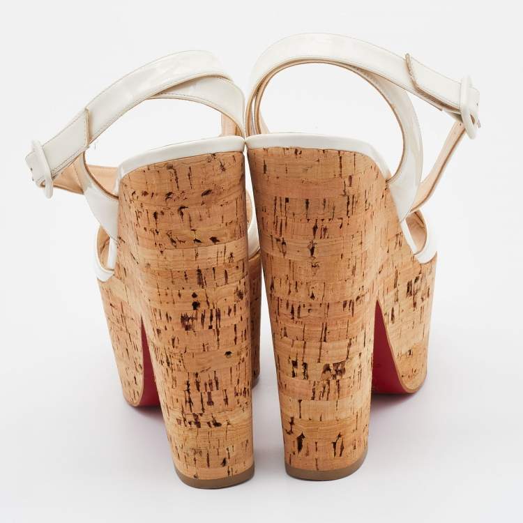 Pre Owned Christian Louboutin White Patent Leather Cork Wedge Super Dombasle Sandals Size 41