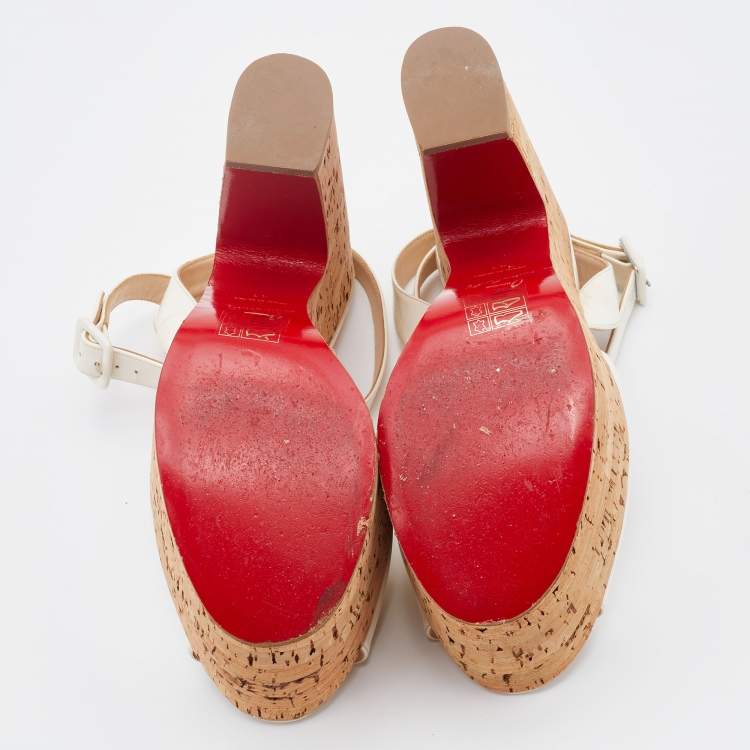 Pre Owned Christian Louboutin White Patent Leather Cork Wedge Super Dombasle Sandals Size 41