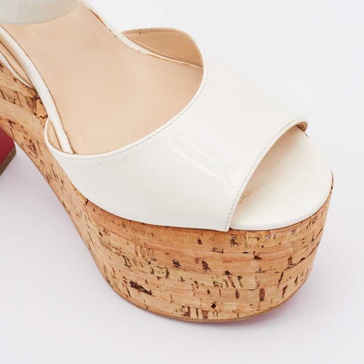 Pre Owned Christian Louboutin White Patent Leather Cork Wedge Super Dombasle Sandals Size 41