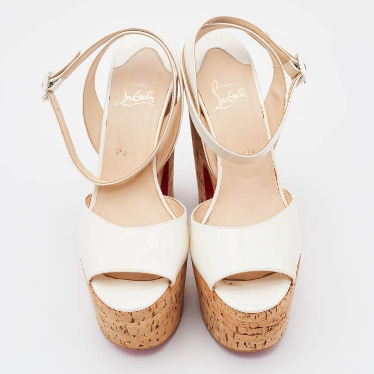 Pre Owned Christian Louboutin White Patent Leather Cork Wedge Super Dombasle Sandals Size 41
