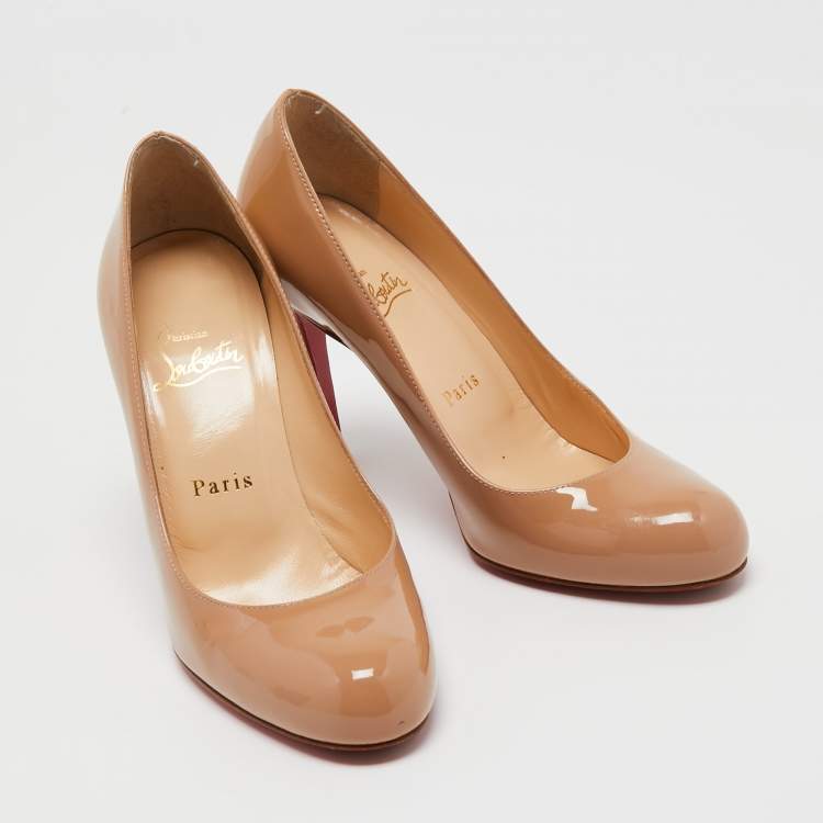 Pre Owned Christian Louboutin Beige Patent Leather Simple Pumps Size 36