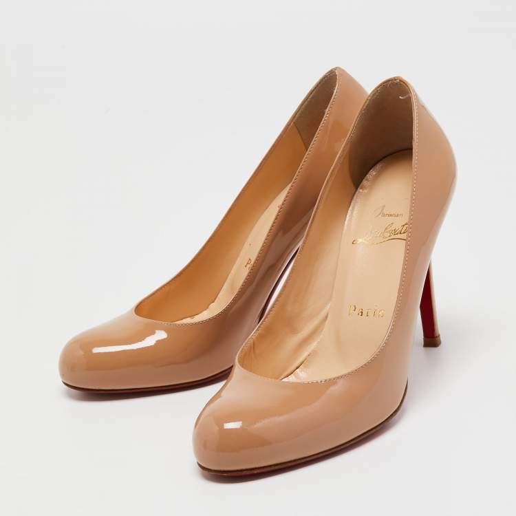 Pre Owned Christian Louboutin Beige Patent Leather Simple Pumps Size 36