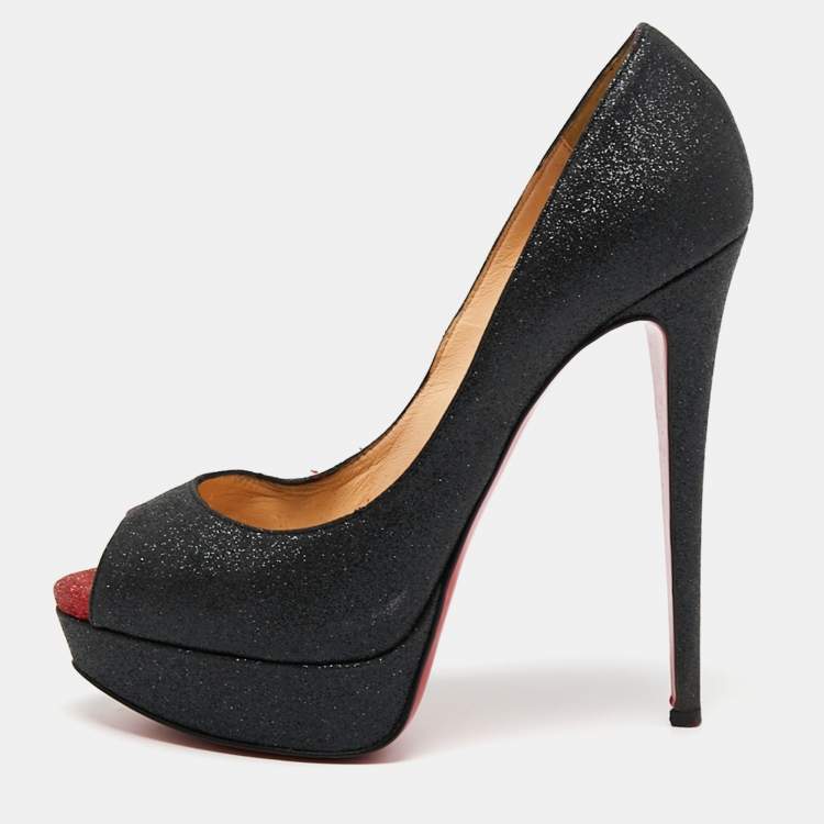 Pre Owned Christian Louboutin Metallic Black Glitter  Leather Lady Peep  Pumps Size 38.5
