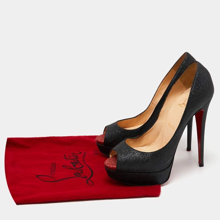 Pre Owned Christian Louboutin Metallic Black Glitter  Leather Lady Peep  Pumps Size 38.5