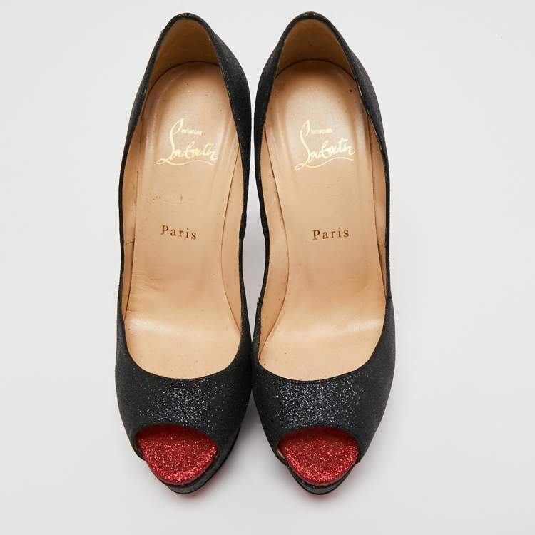 Pre Owned Christian Louboutin Metallic Black Glitter  Leather Lady Peep  Pumps Size 38.5