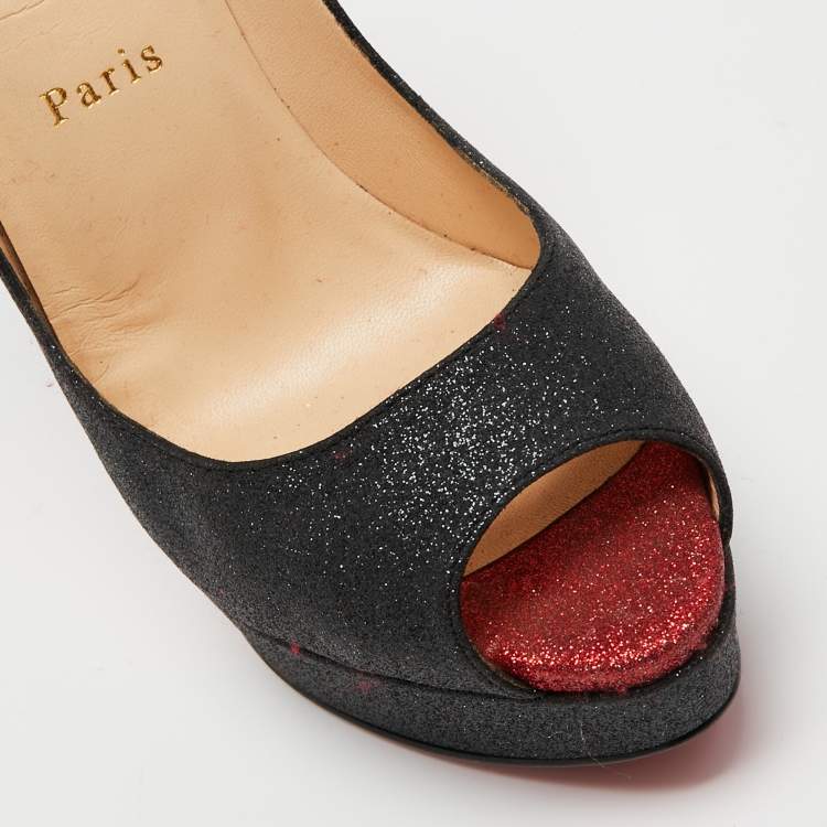 Pre Owned Christian Louboutin Metallic Black Glitter  Leather Lady Peep  Pumps Size 38.5