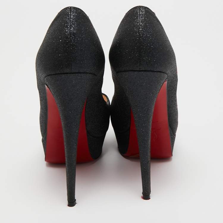 Pre Owned Christian Louboutin Metallic Black Glitter  Leather Lady Peep  Pumps Size 38.5