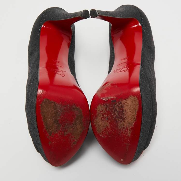 Pre Owned Christian Louboutin Metallic Black Glitter  Leather Lady Peep  Pumps Size 38.5