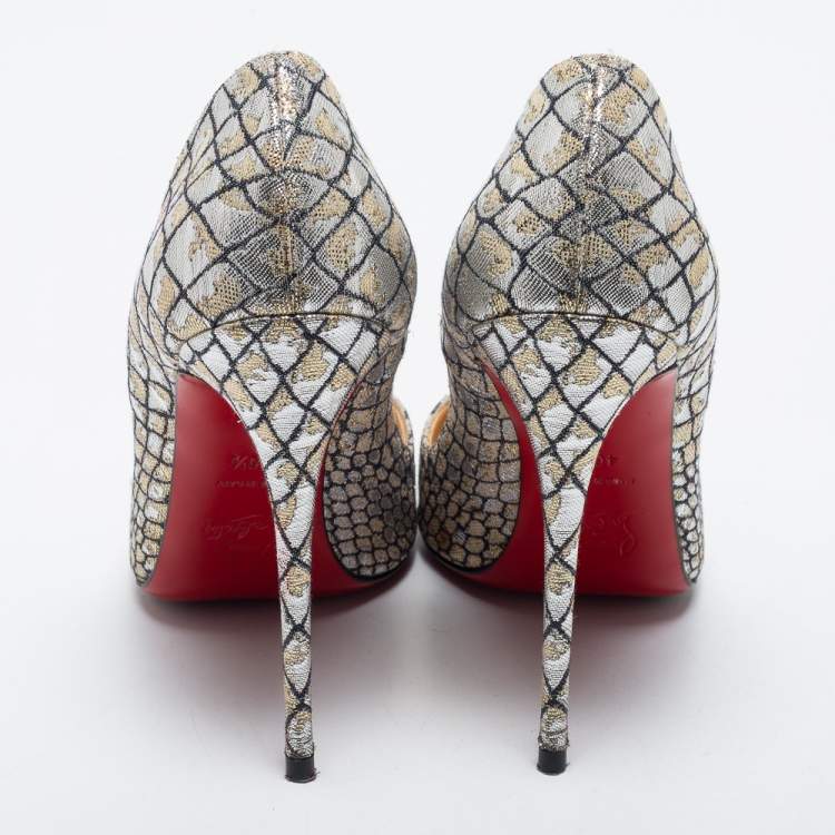 Pre Owned Christian Louboutin Metallic Silver Lurex Fabric Decollete Pumps Size 40.5