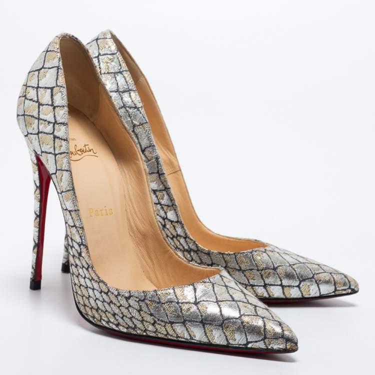 Pre Owned Christian Louboutin Metallic Silver Lurex Fabric Decollete Pumps Size 40.5
