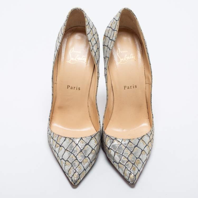 Pre Owned Christian Louboutin Metallic Silver Lurex Fabric Decollete Pumps Size 40.5