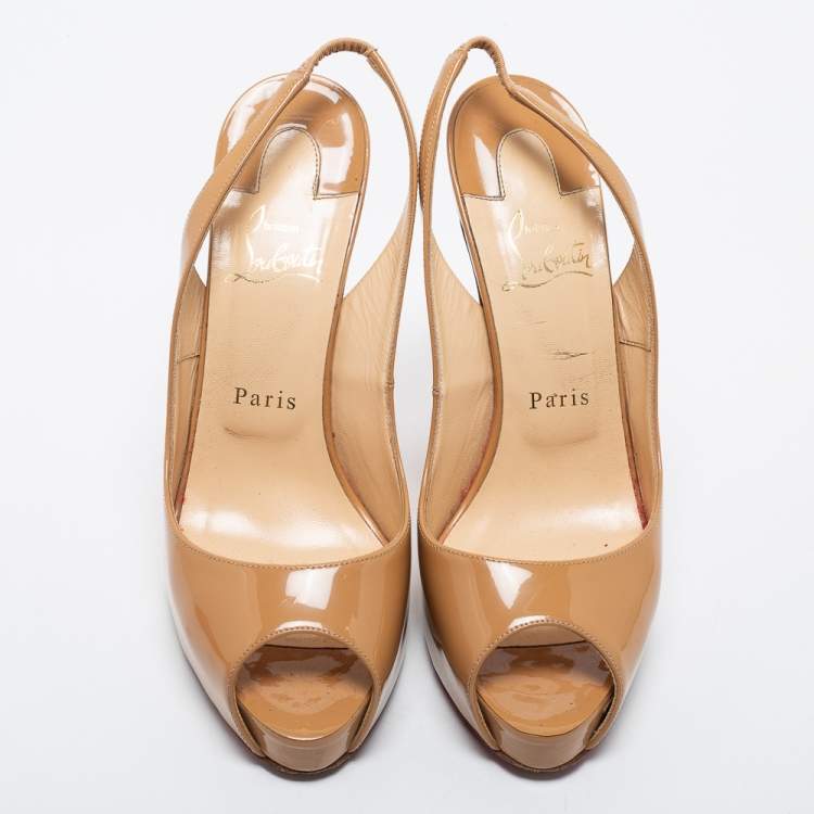 Pre Owned Christian Louboutin Beige Patent Leather Slingback Sandals Size 38