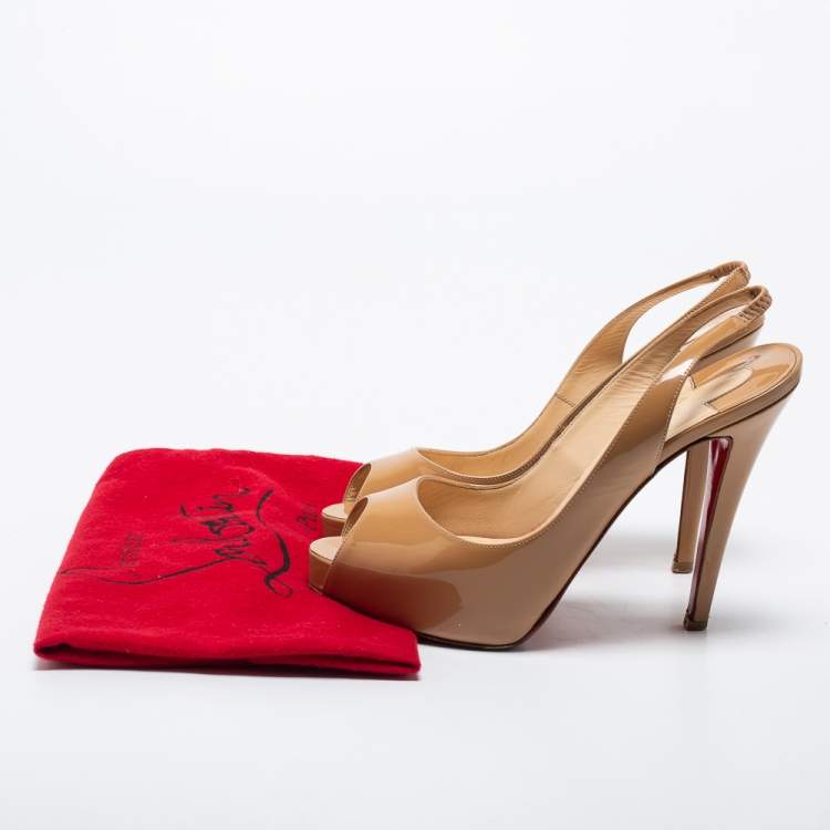 Pre Owned Christian Louboutin Beige Patent Leather Slingback Sandals Size 38