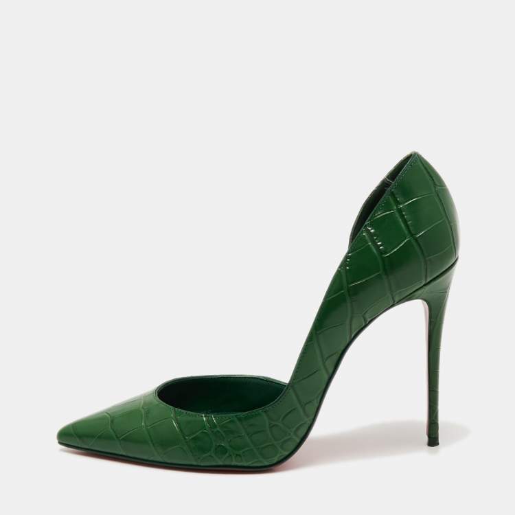 Pre Owned Christian Louboutin Green Croc Embossed Iriza  Pumps Size 38