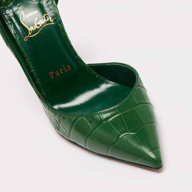 Pre Owned Christian Louboutin Green Croc Embossed Iriza  Pumps Size 38