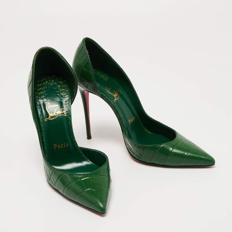 Pre Owned Christian Louboutin Green Croc Embossed Iriza  Pumps Size 38