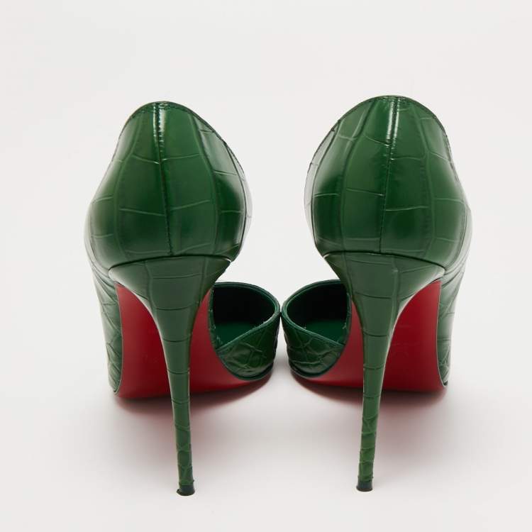 Pre Owned Christian Louboutin Green Croc Embossed Iriza  Pumps Size 38