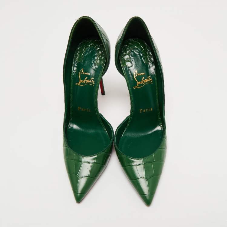 Pre Owned Christian Louboutin Green Croc Embossed Iriza  Pumps Size 38