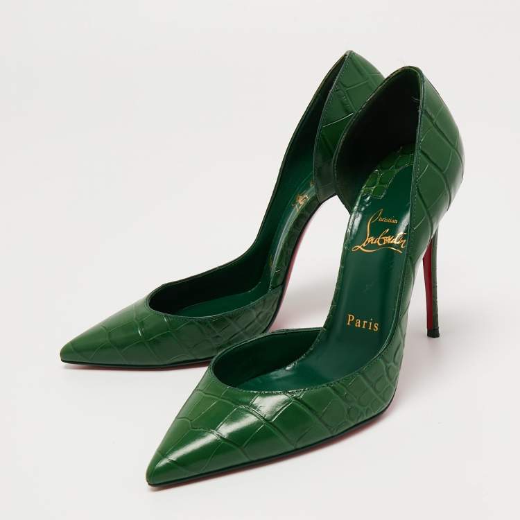 Pre Owned Christian Louboutin Green Croc Embossed Iriza  Pumps Size 38