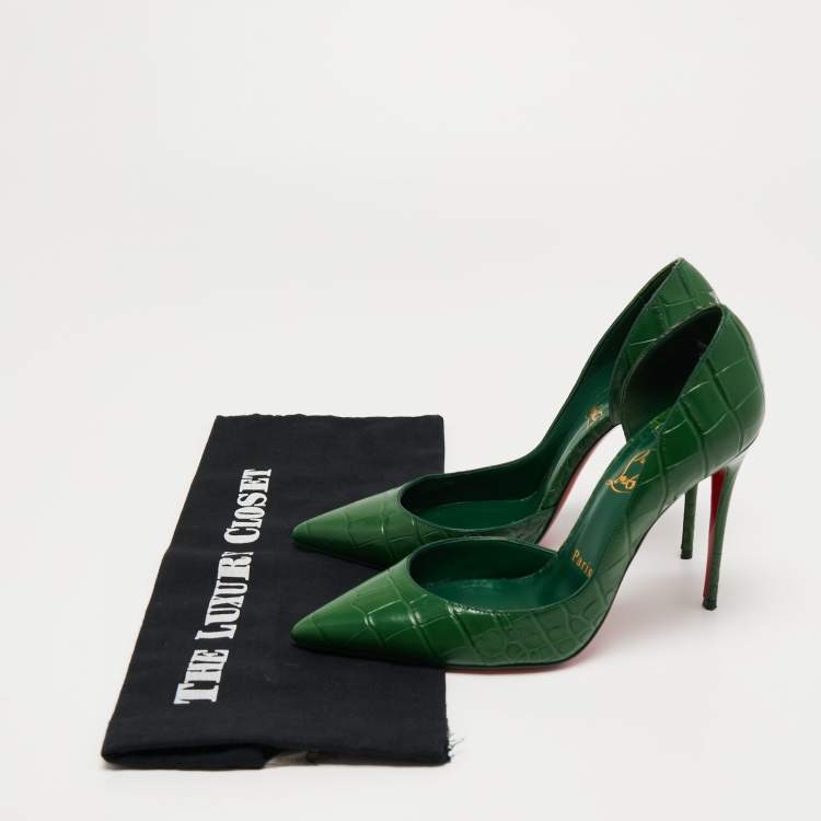 Pre Owned Christian Louboutin Green Croc Embossed Iriza  Pumps Size 38