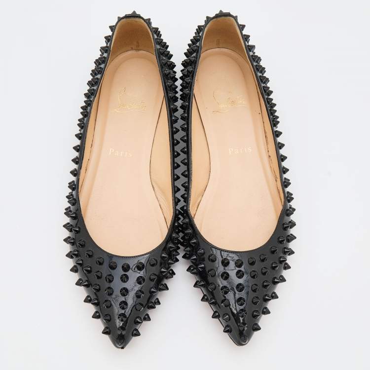 Pre Owned Christian Louboutin Black Patent Leather Spikes Pointed Toe Ballet Flats Size 39.5