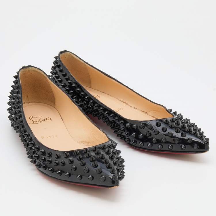 Pre Owned Christian Louboutin Black Patent Leather Spikes Pointed Toe Ballet Flats Size 39.5