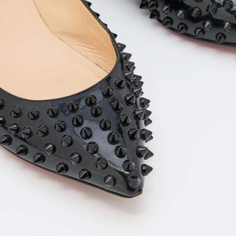 Pre Owned Christian Louboutin Black Patent Leather Spikes Pointed Toe Ballet Flats Size 39.5