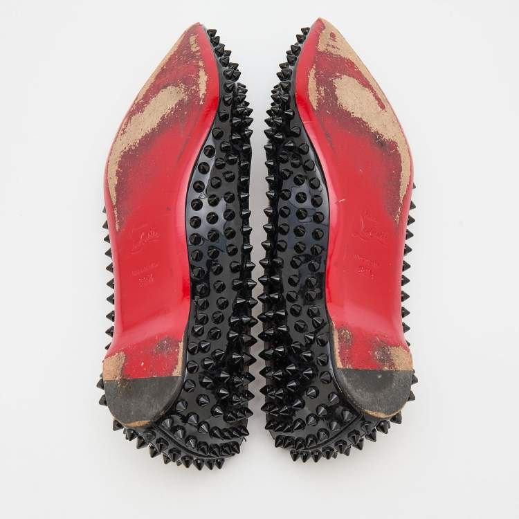 Pre Owned Christian Louboutin Black Patent Leather Spikes Pointed Toe Ballet Flats Size 39.5