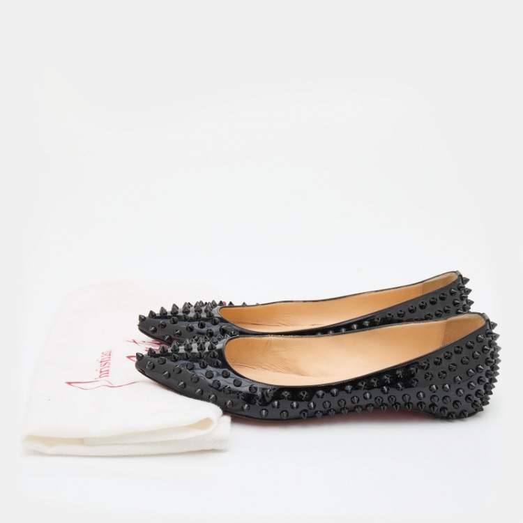 Pre Owned Christian Louboutin Black Patent Leather Spikes Pointed Toe Ballet Flats Size 39.5