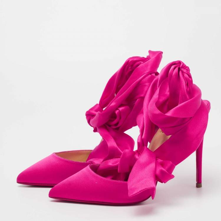 Pre Owned Christian Louboutin Pink Satin Ankle Wrap Pumps Size 37.5