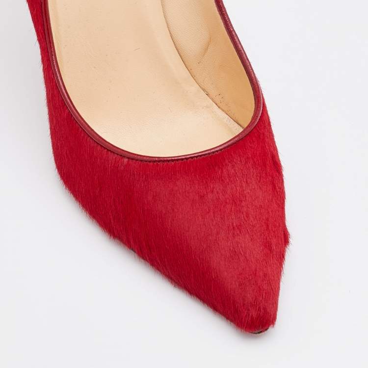 Pre Owned Christian Louboutin Red/Black Calf Hair and Patent Leather Dorepi Pumps Size 39
