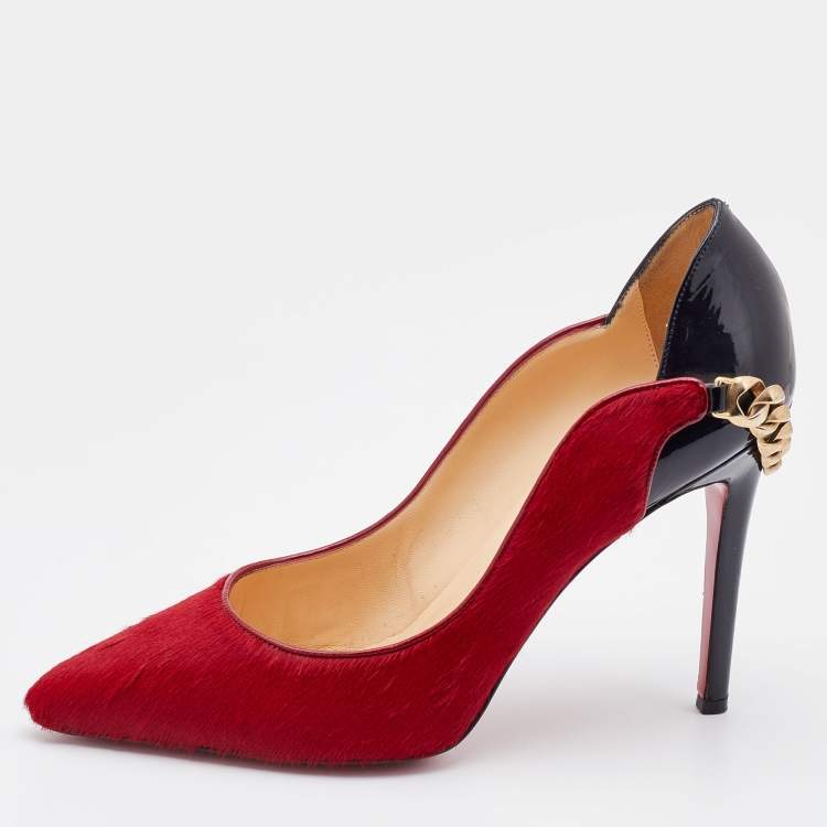 Pre Owned Christian Louboutin Red/Black Calf Hair and Patent Leather Dorepi Pumps Size 39