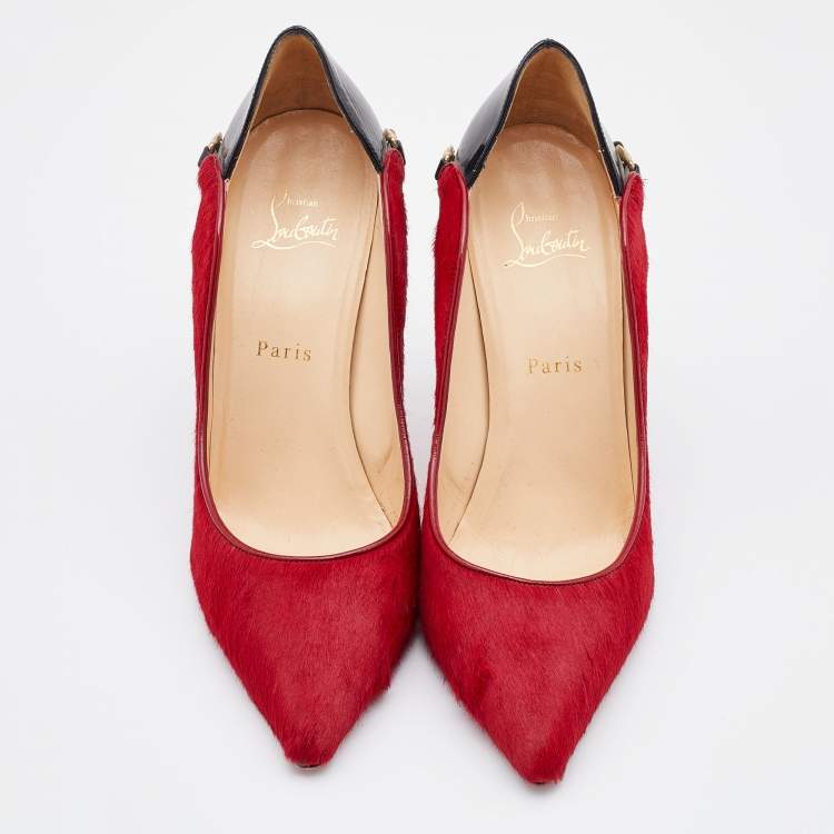 Pre Owned Christian Louboutin Red/Black Calf Hair and Patent Leather Dorepi Pumps Size 39
