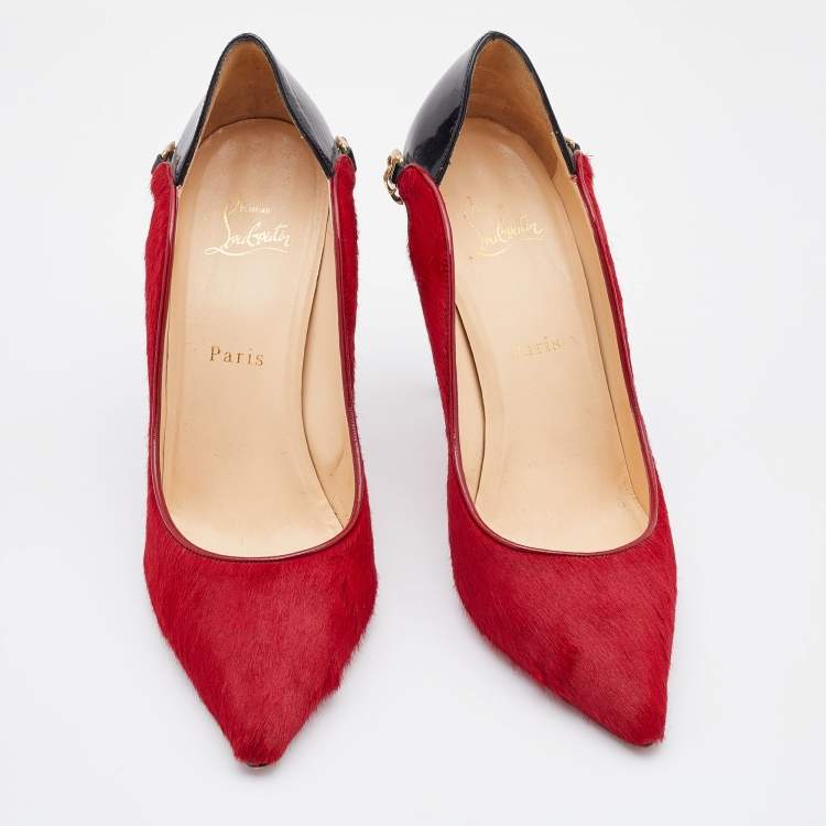 Pre Owned Christian Louboutin Red/Black Calf Hair and Patent Leather Dorepi Pumps Size 39