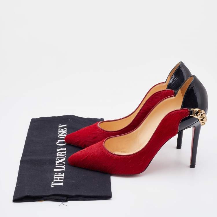 Pre Owned Christian Louboutin Red/Black Calf Hair and Patent Leather Dorepi Pumps Size 39