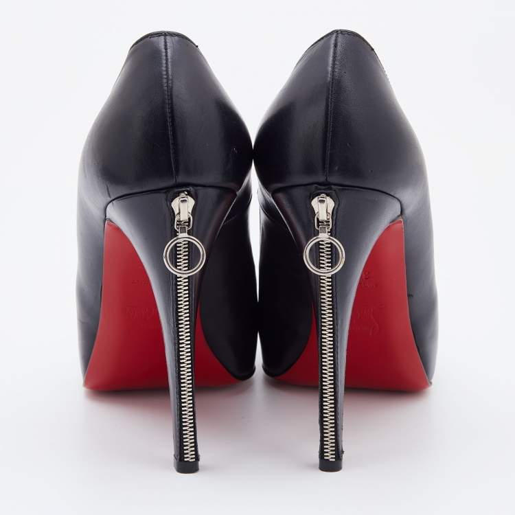 Pre Owned Christian Louboutin Black Leather Rolando Zip Detail Heel Platform Pumps Size 38.5