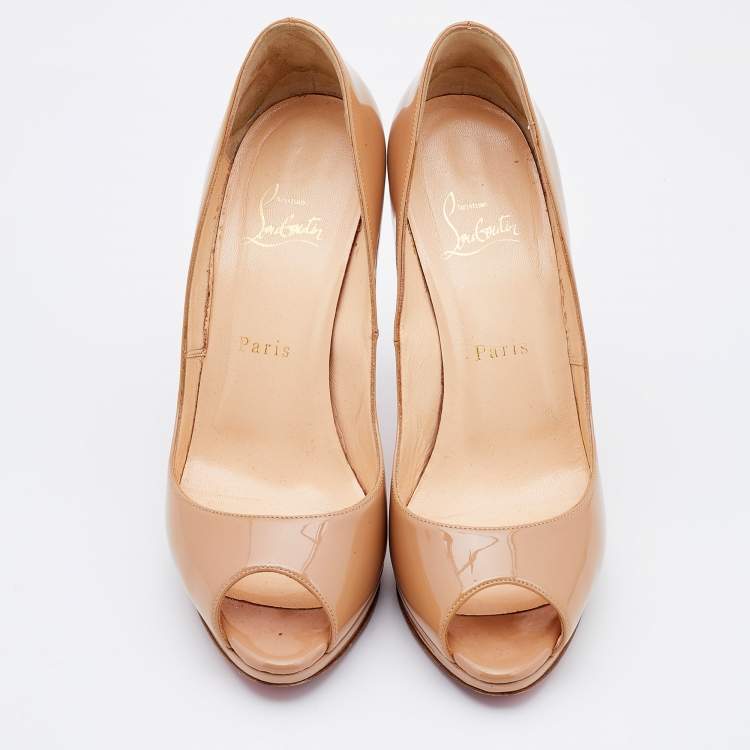 Pre Owned Christian Louboutin Beige Patent Leather Palais Royal Peep Toe Pumps Size 38.5