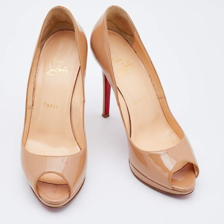 Pre Owned Christian Louboutin Beige Patent Leather Palais Royal Peep Toe Pumps Size 38.5