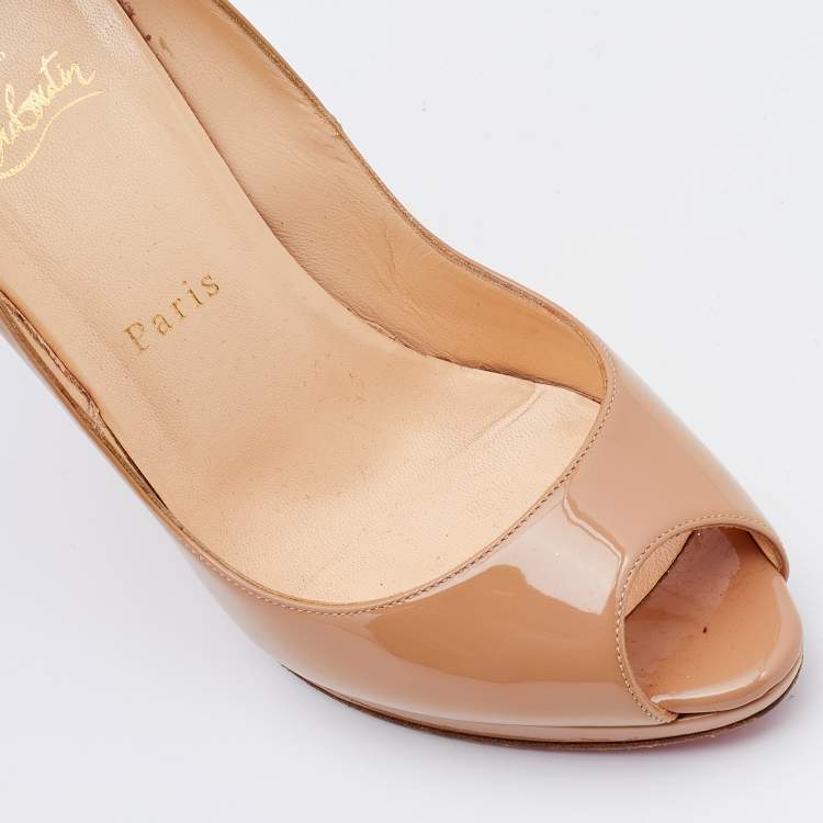 Pre Owned Christian Louboutin Beige Patent Leather Palais Royal Peep Toe Pumps Size 38.5