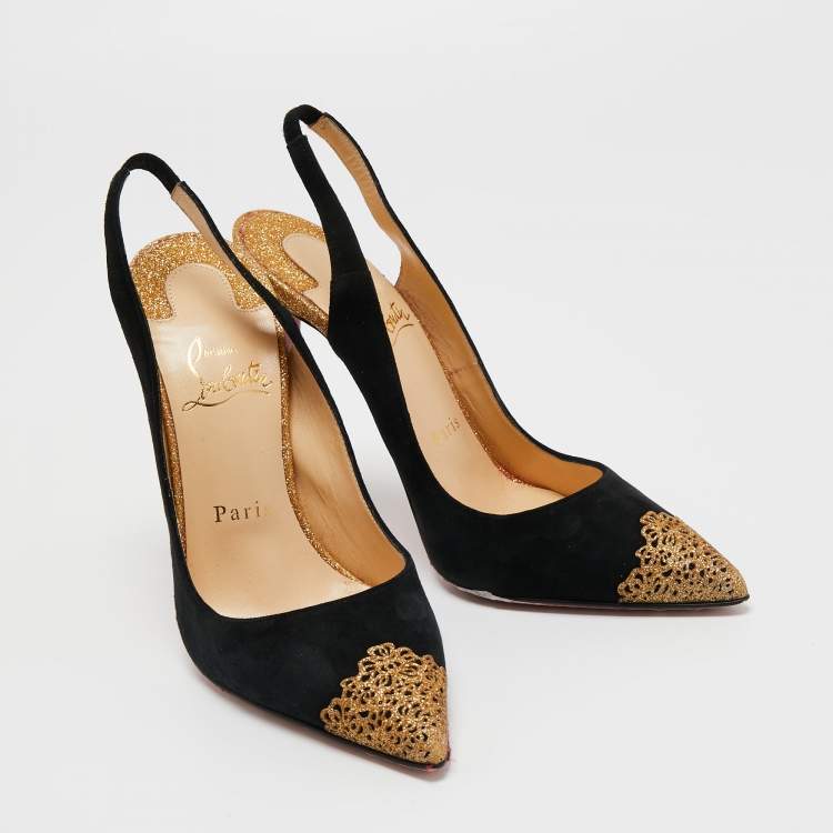 Pre Owned Christian Louboutin Black Suede And Metallic Gold Glitter Almine Pointed Toe Slingback Sandals Size 37