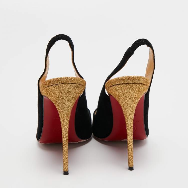 Pre Owned Christian Louboutin Black Suede And Metallic Gold Glitter Almine Pointed Toe Slingback Sandals Size 37
