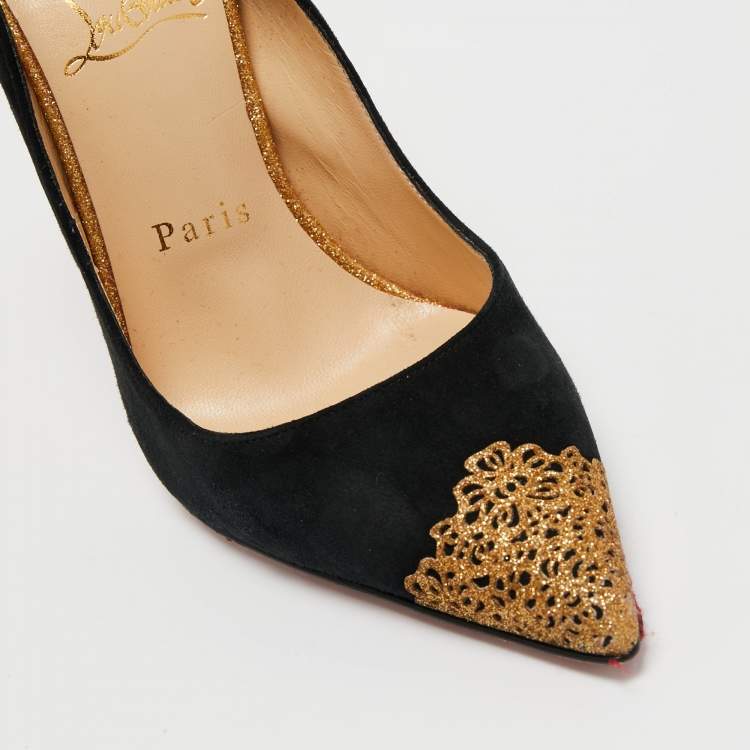 Pre Owned Christian Louboutin Black Suede And Metallic Gold Glitter Almine Pointed Toe Slingback Sandals Size 37